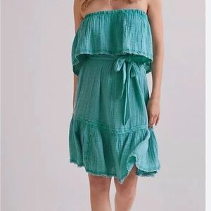 Anthropologie Daily Practice Strapless Tiered  Mini Dress Teal Boho Beach 2X